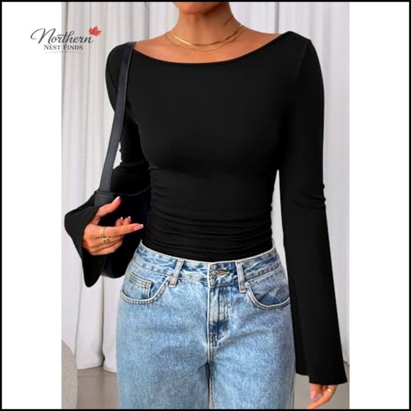 Long Sleeve Crop Top Boat Neck Bell Sleeve Ribbed Ruched Y2K Blouse - Picture 4 of 7